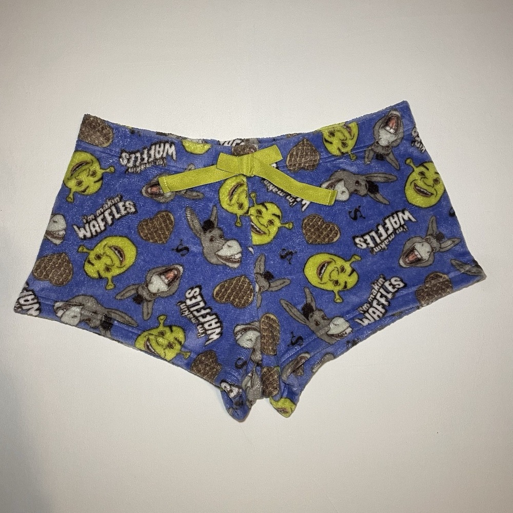 DreamWorks Shrek Women's Fleece Sleep Shorts 2XL Blue Donkey Bow Graphic Print